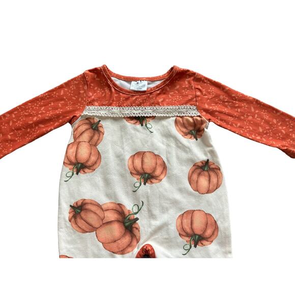 Babies 0-3 Months Long Sleeve Crew Neck Orange and Tan Pumpkin Ruffle Romper - Picture 6 of 14